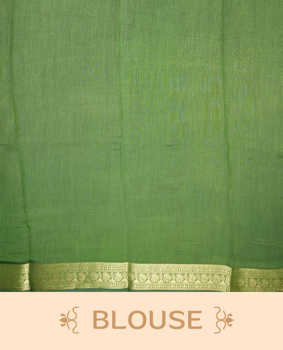 Multicolor mixed chanderi cotton saree with mustard-yellow and green circles on black and off-white checkerboard squares, green and golden zari pallu with polka dots and floral motifs, and matching green blouse.
