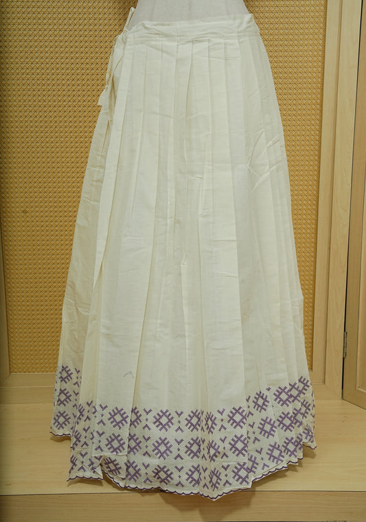 Cream colour cotton Stitched Skirt With Purple colour thread pattern Scallop border.