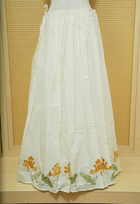 Cream colour cotton Stitched Skirt With Mustard colour floral & Leaf kodi thread pattern border.