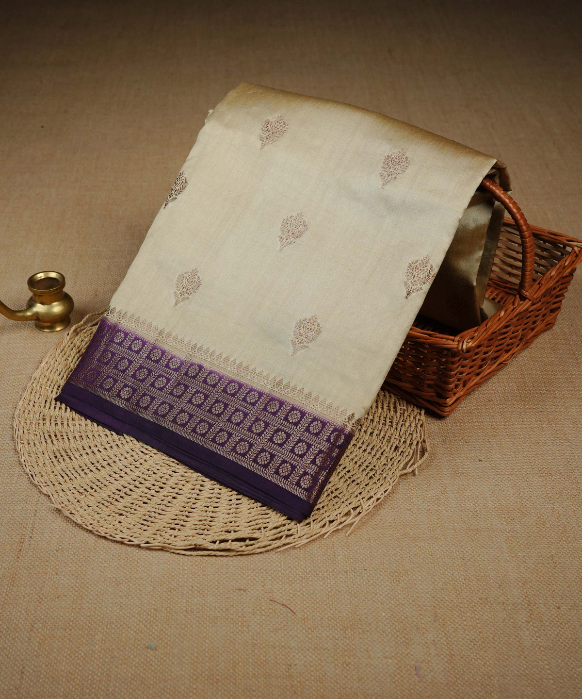 Royal Cream colour Banarasi soft silk saree