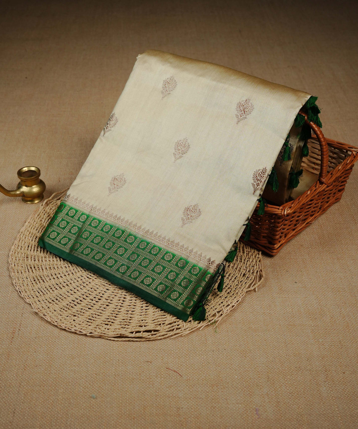 Cream colour Banarasi soft silk saree