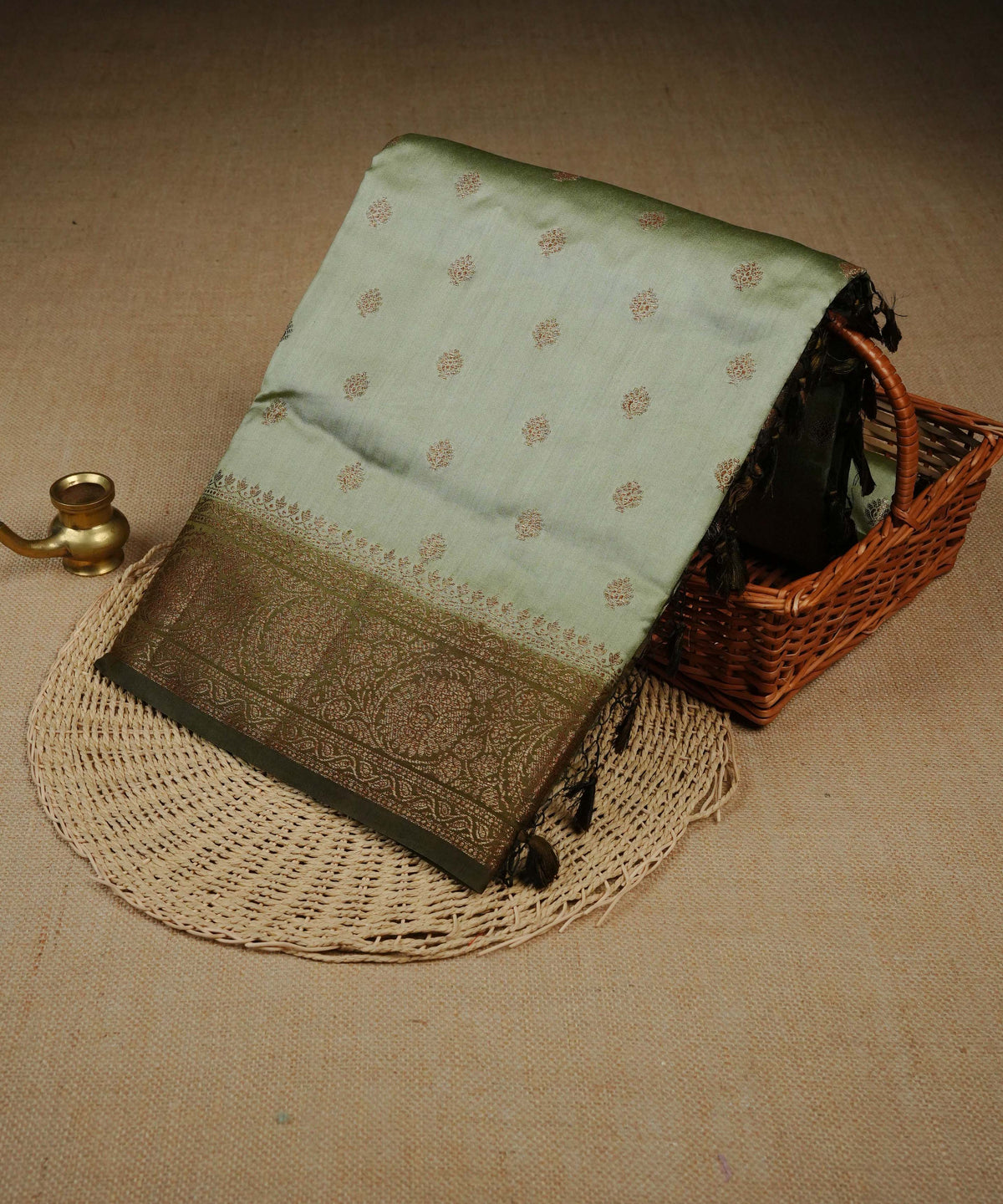 Olive colour Banarasi soft silk saree