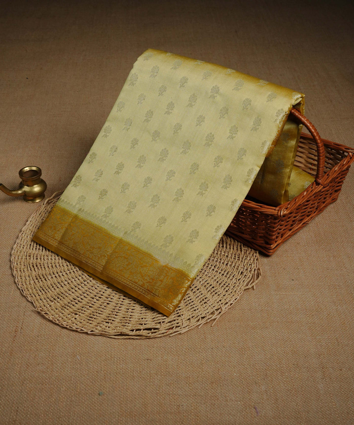 Yellow beige colour Banarasi soft silk saree