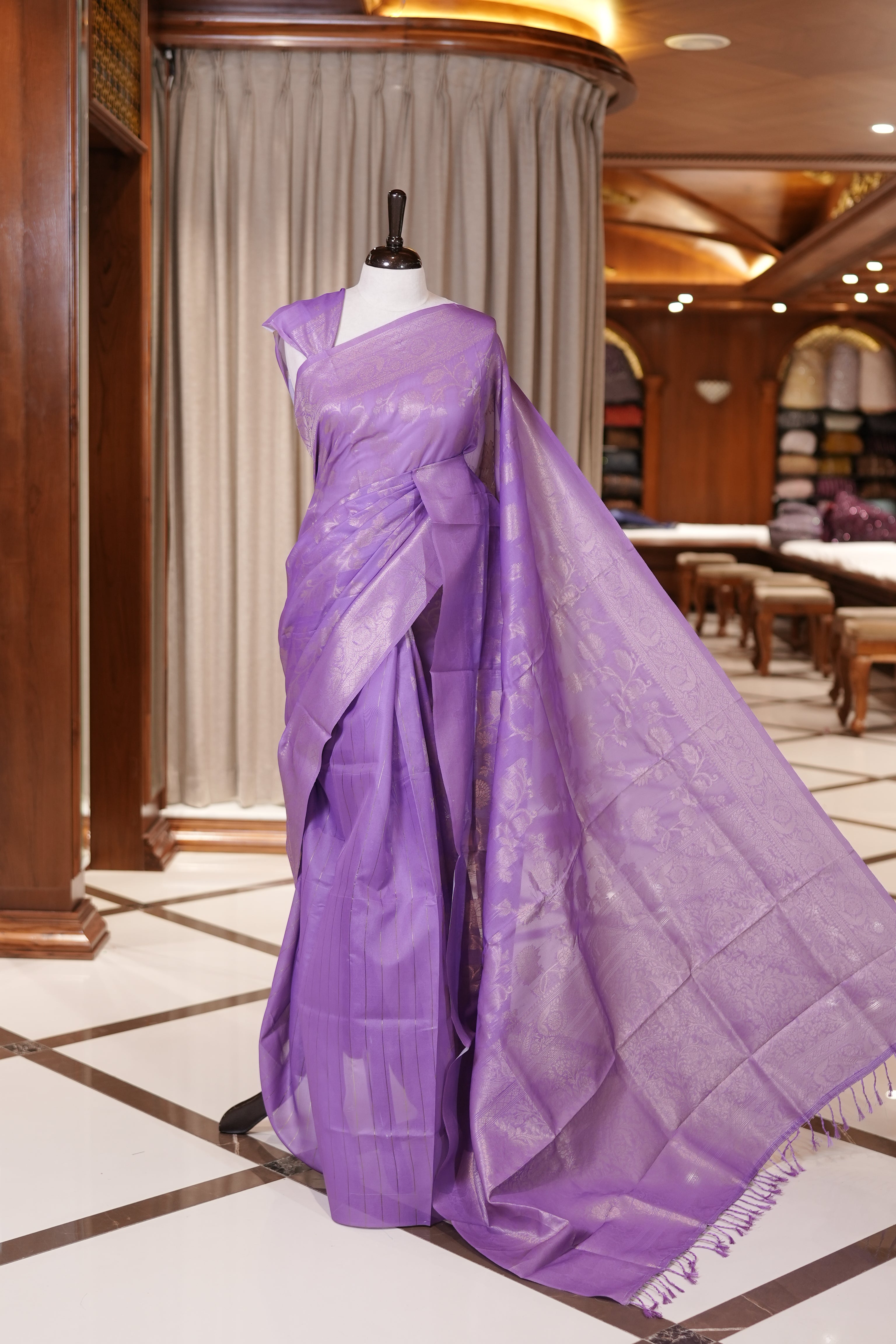 LAVENDER COLOUR SEMI KATHAN SILK SAREE WITH GOLD ZARI FLORAL KODI DESIGN ON BODY AND SELF COLOUR BORDER AND PALLU, PAIRED WITH MATCHING BLOUSE