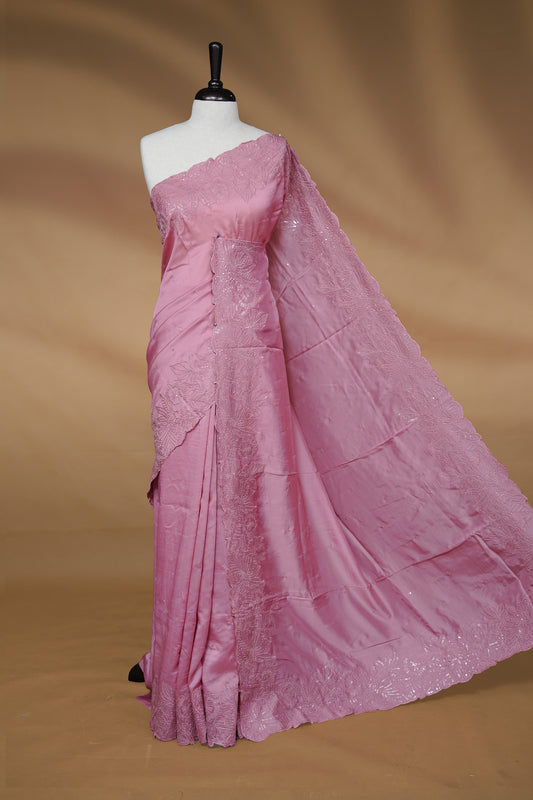 Pastel Pink colour Designer saree featuring Elegant Thread & sequins on body, complemented self colour thread & Sequins scalp border, paired with matching blouse piece.
