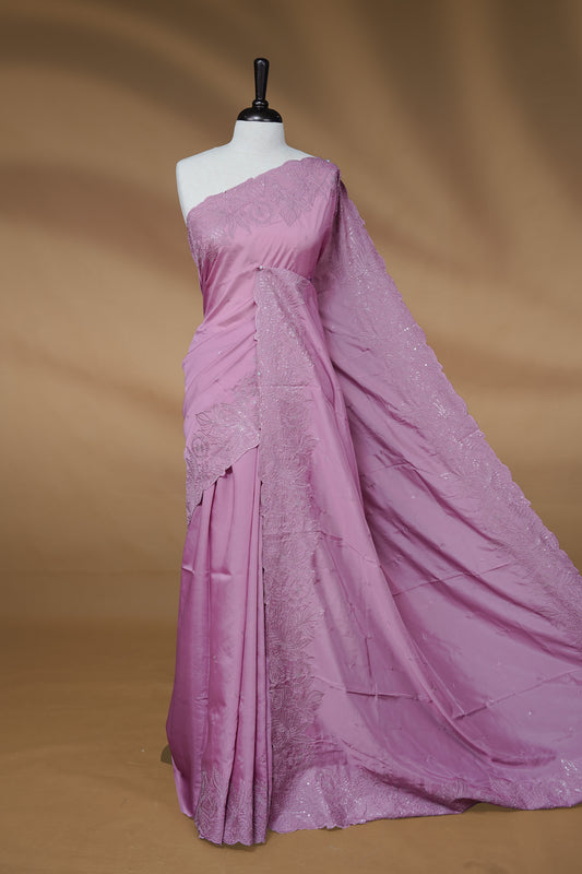 Pastel Purple colour Designer saree featuring Elegant Thread & sequins on body, complemented self colour thread & Sequins scalp border, paired with matching blouse piece.