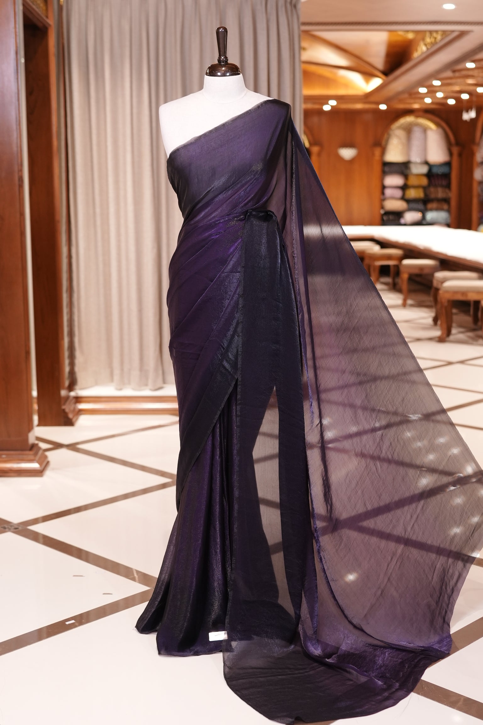 Violet Colour Soft Shine Fendy Chiffon Saree, with plain body with contrast border, without blouse.