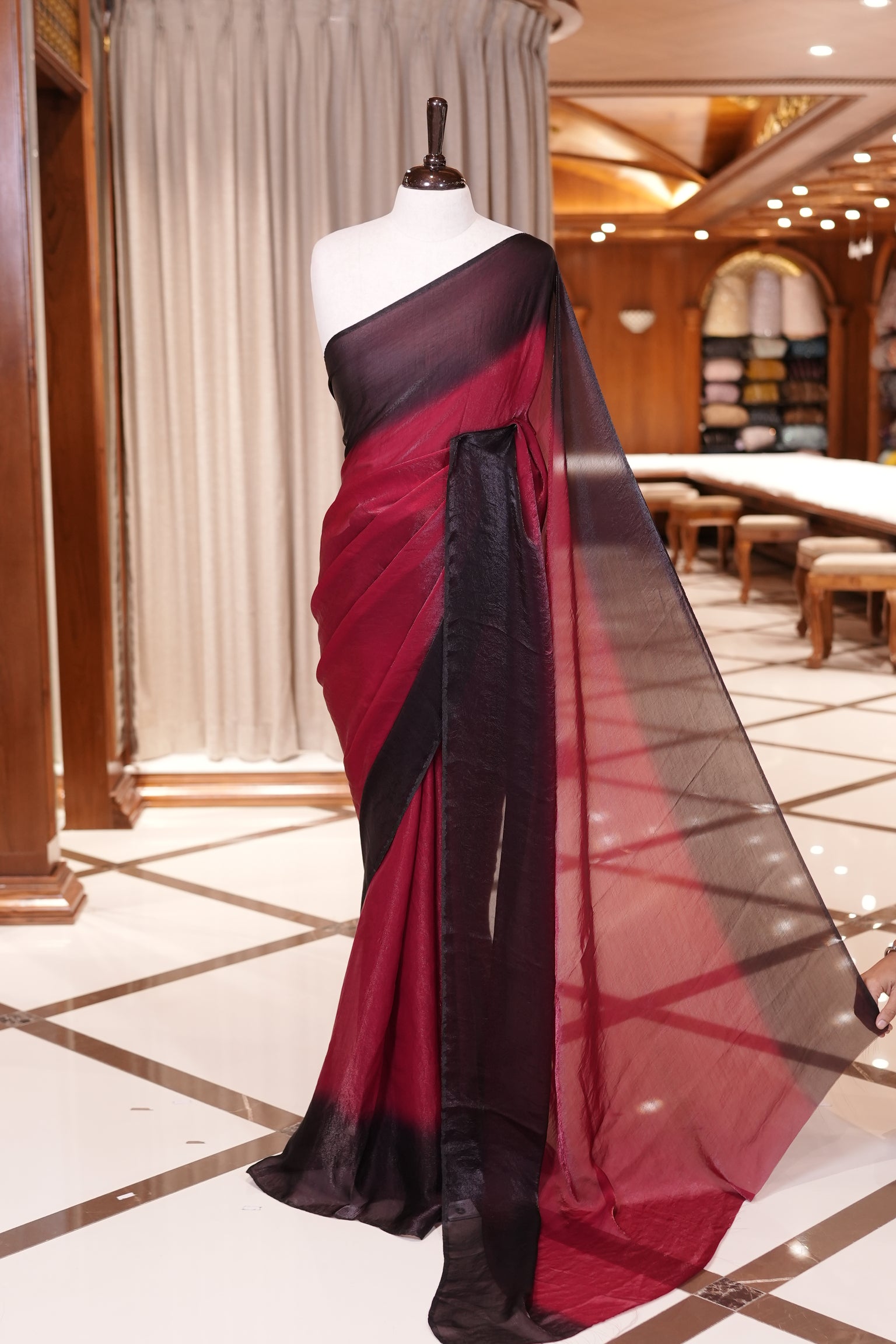 Maroon Colour Soft Shine Fendy Chiffon Saree, with plain body with contrast border, without blouse.