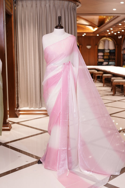 Pink Colour Soft Shine Fendy Chiffon Saree, with plain body with contrast border, without blouse.