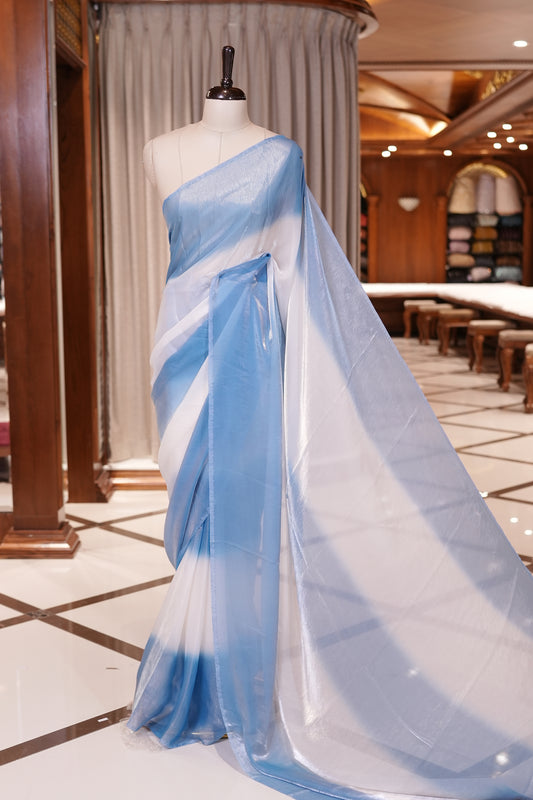Blue Colour Soft Shine Fendy Chiffon Saree, with plain body with contrast border, without blouse.