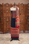 Navy Blue colour georgette salwar material featuring Daman Print Detailing Mirror work on neck portion, a dupatta with Same print , and Shantoon bottom.