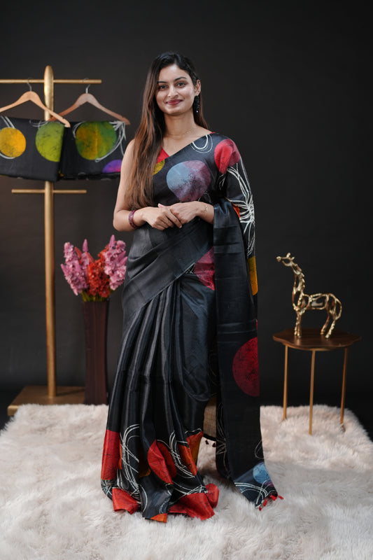 Black with Red Semi Khadi silk saree with Polka Dot design On body & pallu, black with white dot blouse piece.