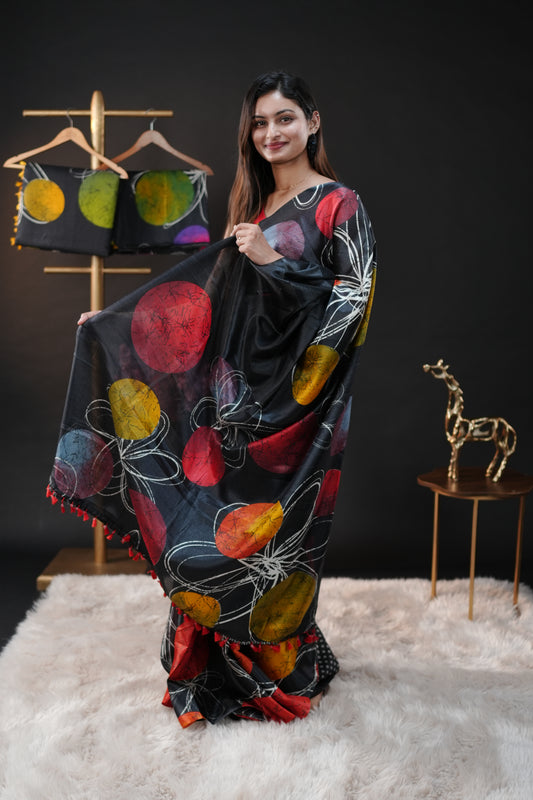 Black with Red Semi Khadi silk saree with Polka Dot design On body & pallu, black with white dot blouse piece.