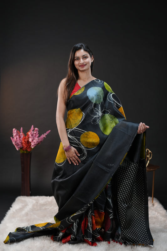 Black with Yellow Semi Khadi silk saree with Polka Dot design On body & pallu, black with white dot blouse piece.