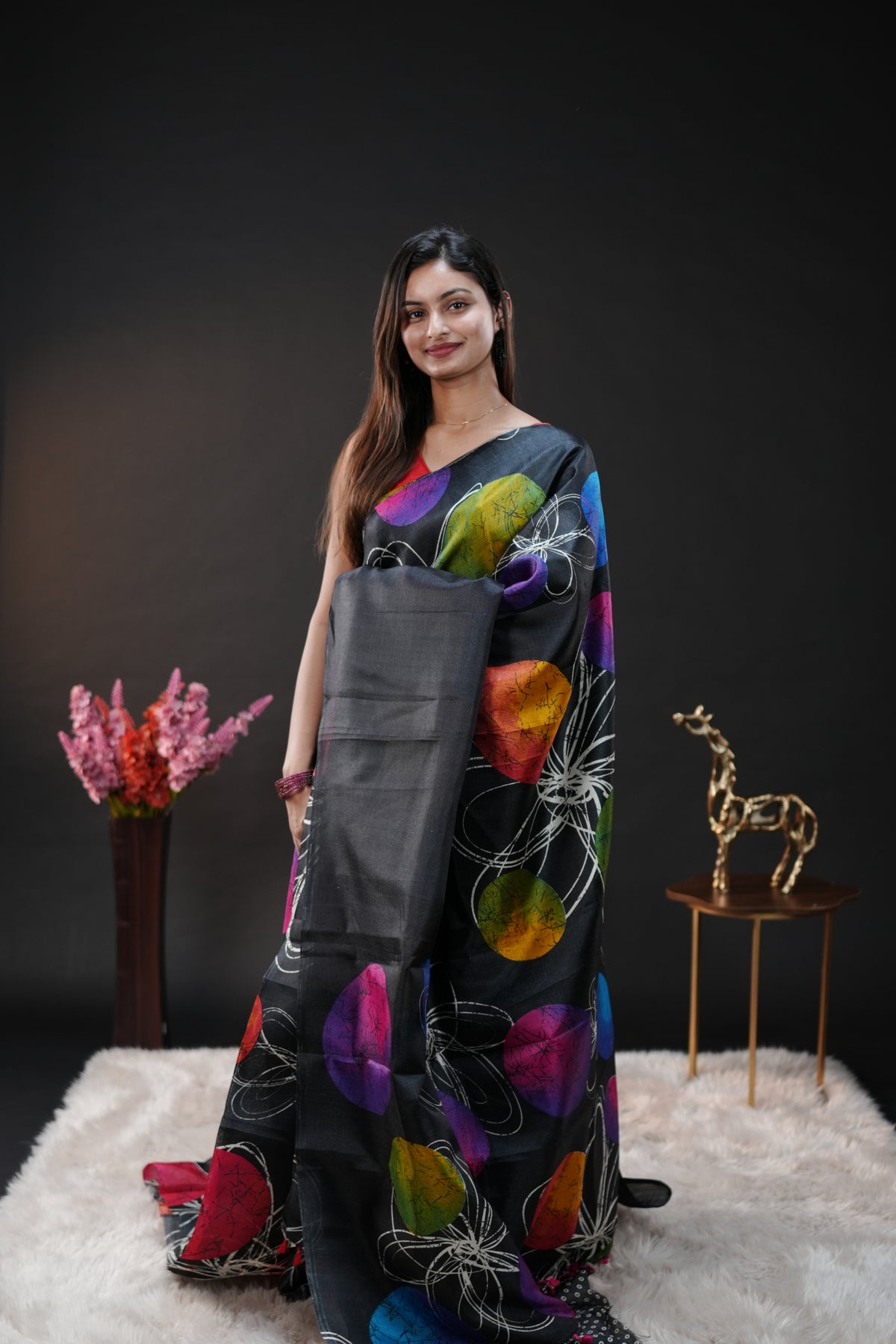 Black with Pink Semi Khadi silk saree with Polka Dot design On body & pallu, black with white dot blouse piece.