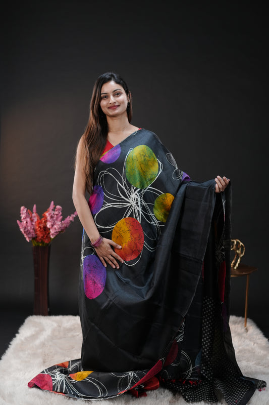 Black with Pink Semi Khadi silk saree with Polka Dot design On body & pallu, black with white dot blouse piece.