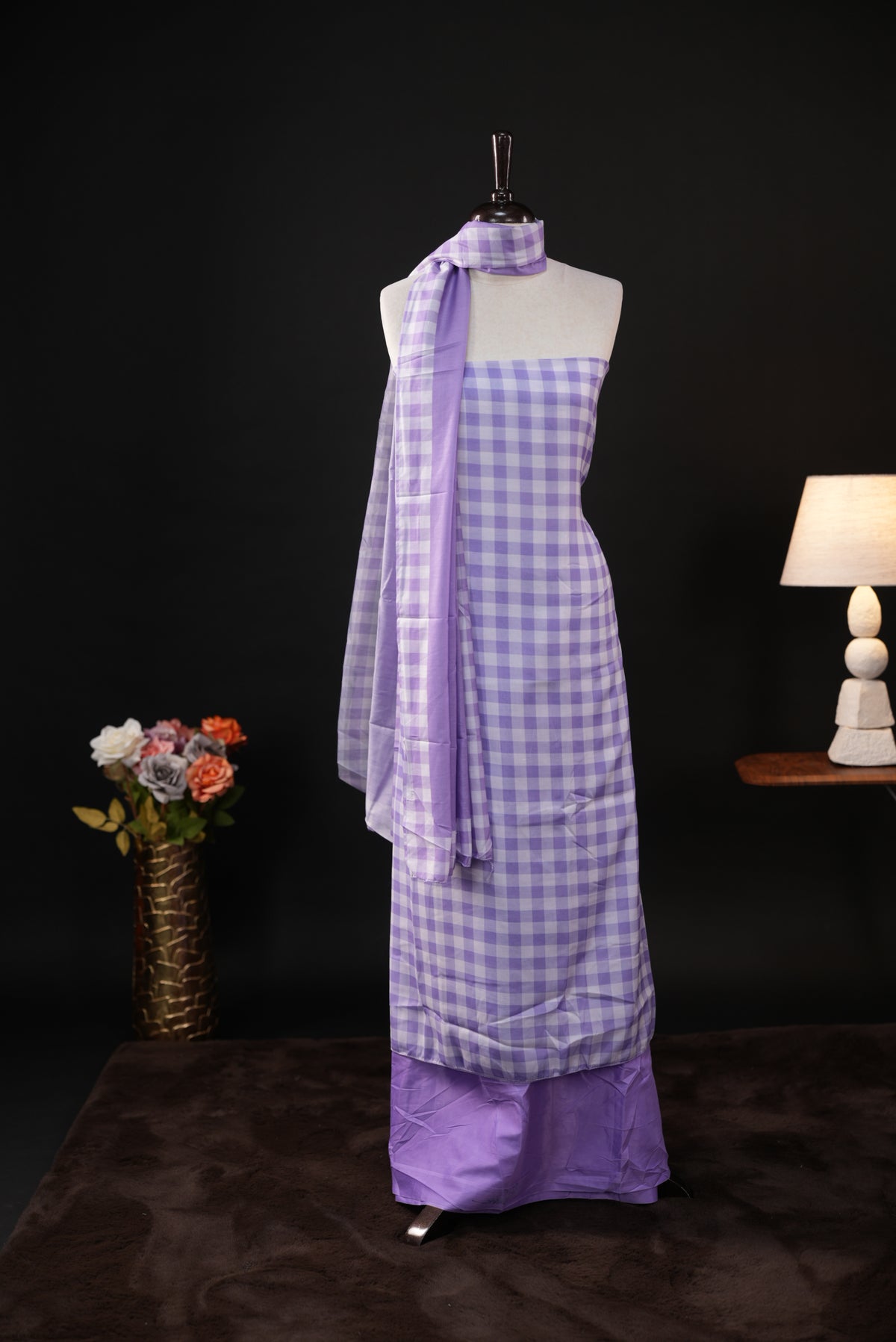 Violet colour checked Mul Chanderi salwar material, paired with a matching bottom and dupatta.