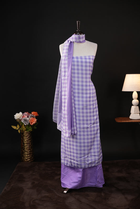 Violet colour checked Mul Chanderi salwar material, paired with a matching bottom and dupatta.