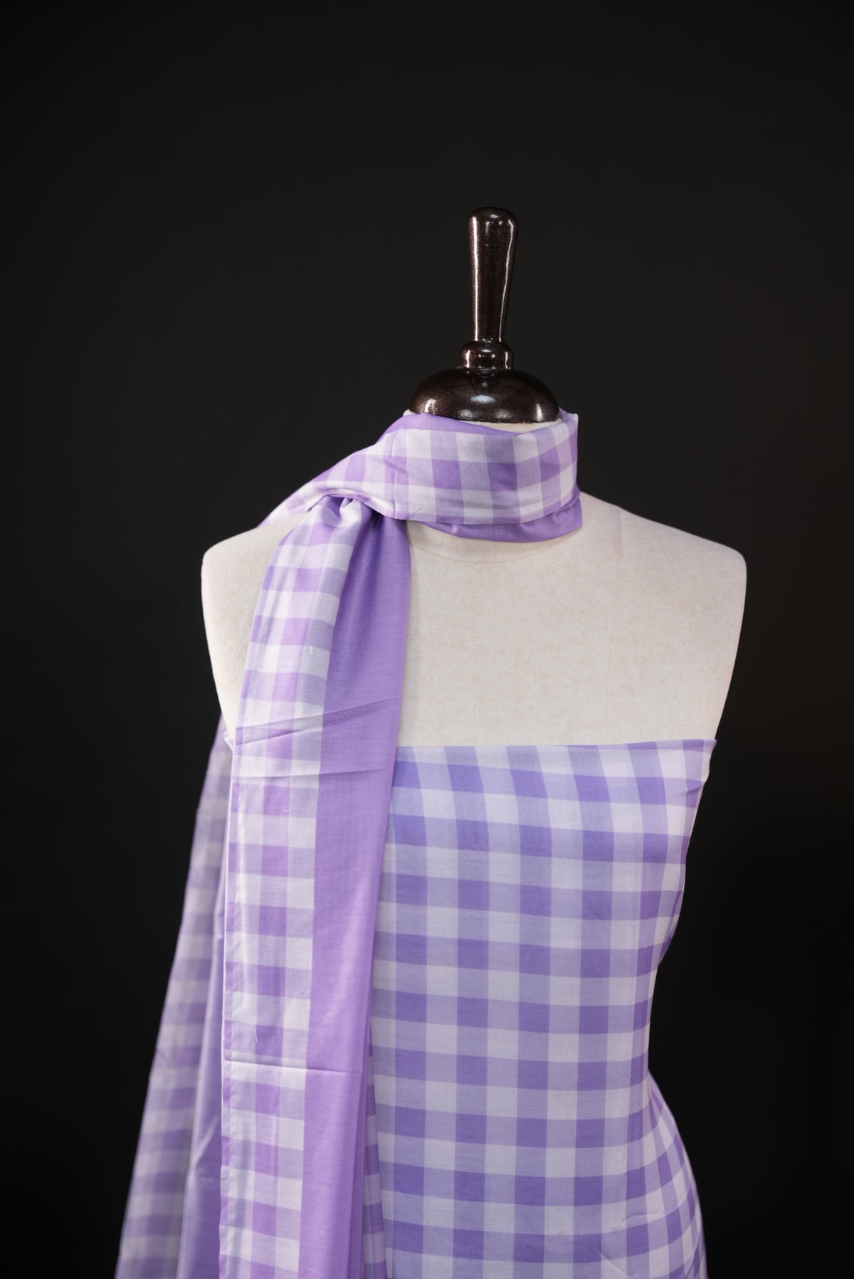 Violet colour checked Mul Chanderi salwar material, paired with a matching bottom and dupatta.