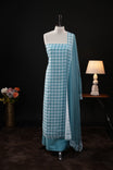 Teal Blue colour checked Mul Chanderi salwar material, paired with a matching bottom and dupatta.