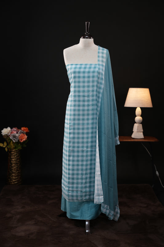 Teal Blue colour checked Mul Chanderi salwar material, paired with a matching bottom and dupatta.