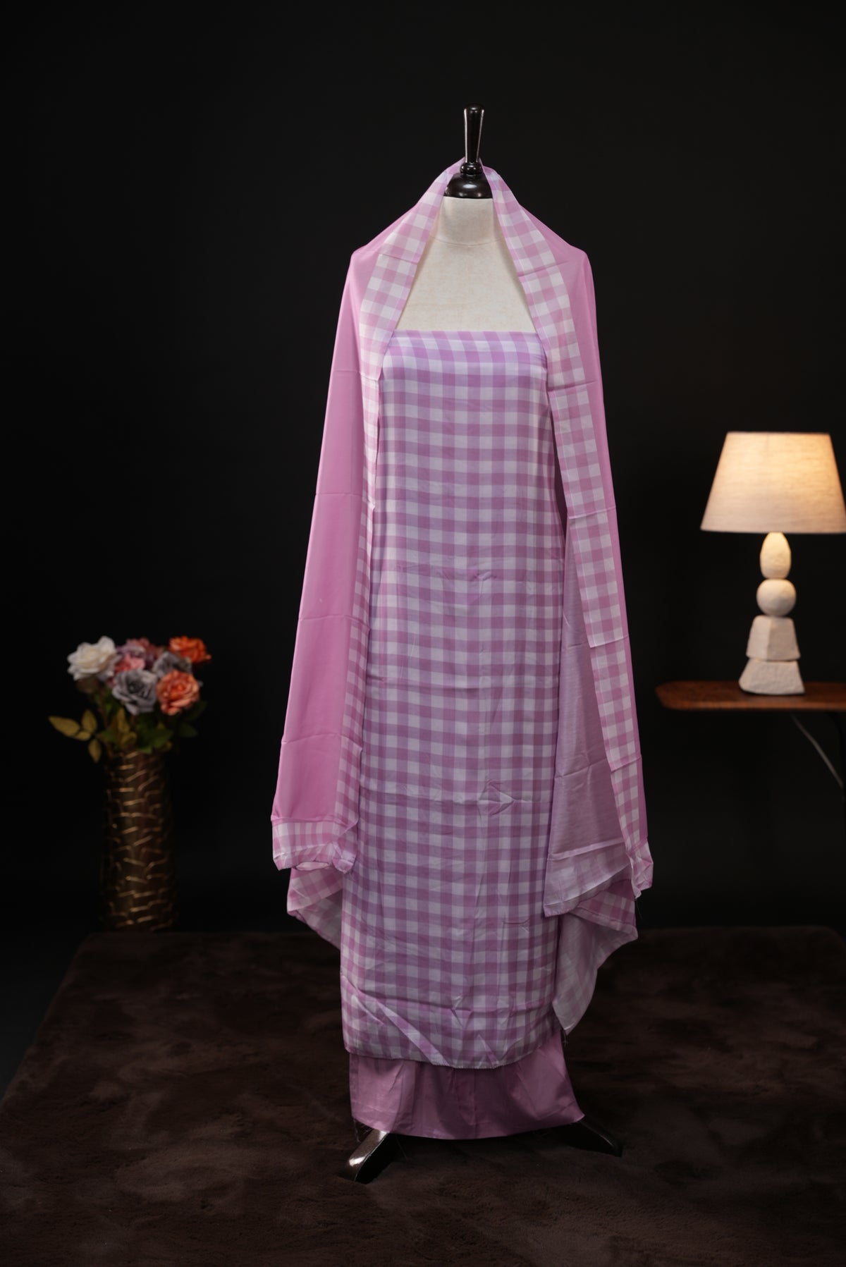 Purple colour checked Mul Chanderi salwar material, paired with a matching bottom and dupatta.