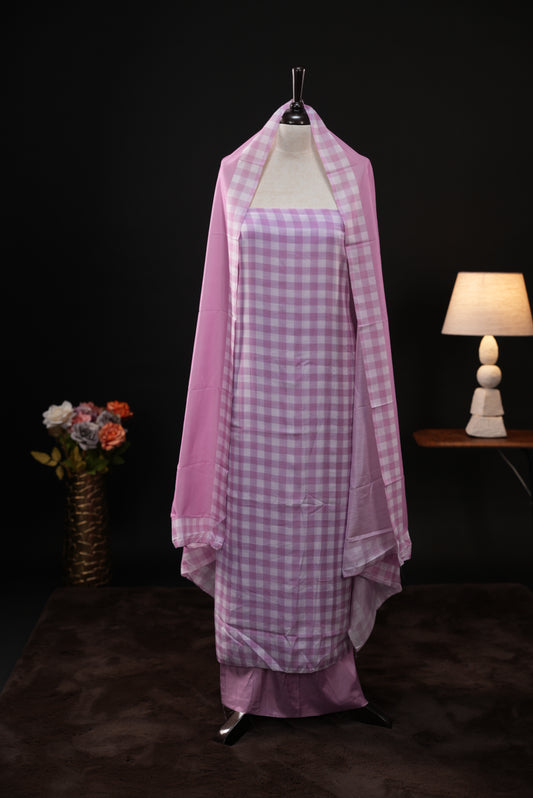 Purple colour checked Mul Chanderi salwar material, paired with a matching bottom and dupatta.