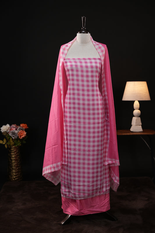 Pink colour checked Mul Chanderi salwar material, paired with a matching bottom and dupatta.