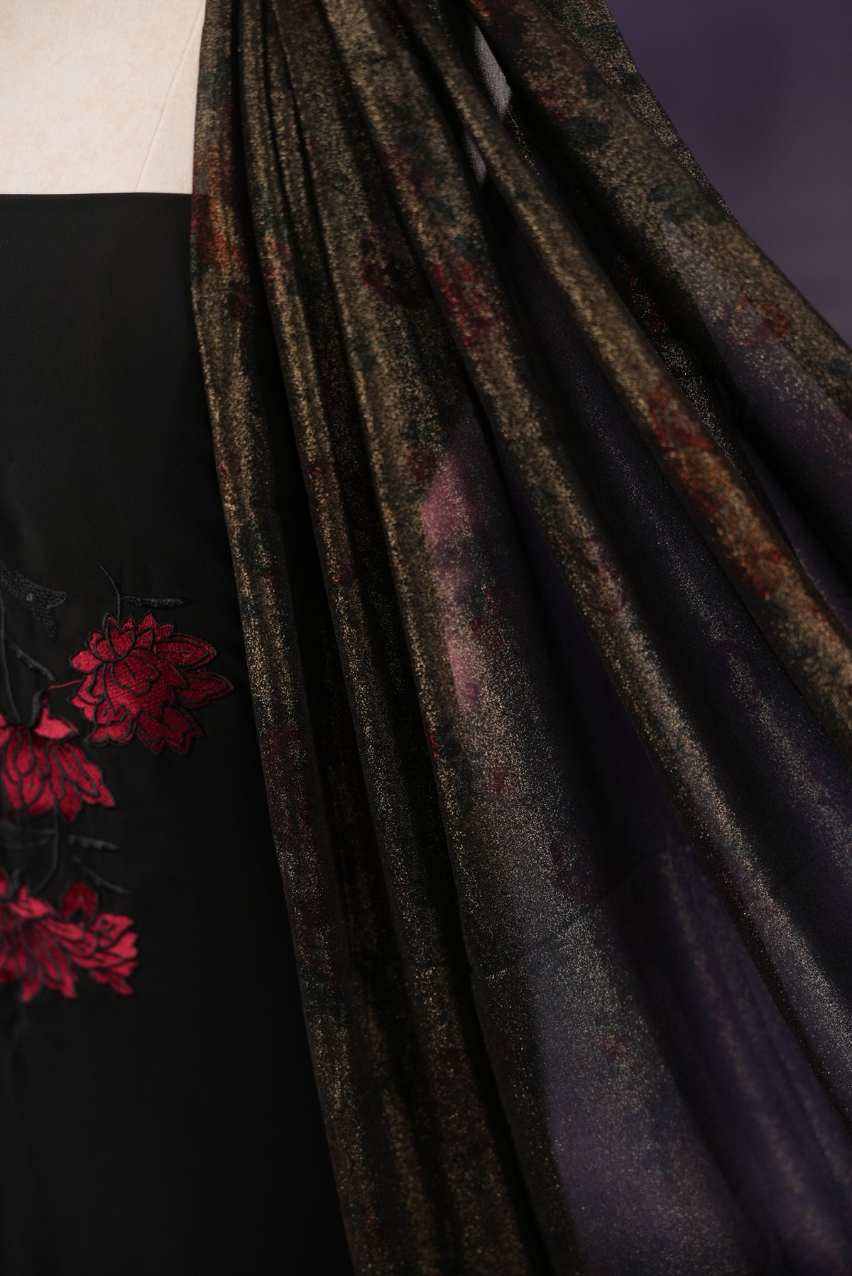 Black colour Georgette Salwar material featuring Floral thread Work with shimmer shade detailing, santoon Material bottom including lining, multi design print same material dupatta.