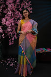 Blue & yellow colour Semi linen saree, Multi check design body, bavanchi border, contrast colour blouse.