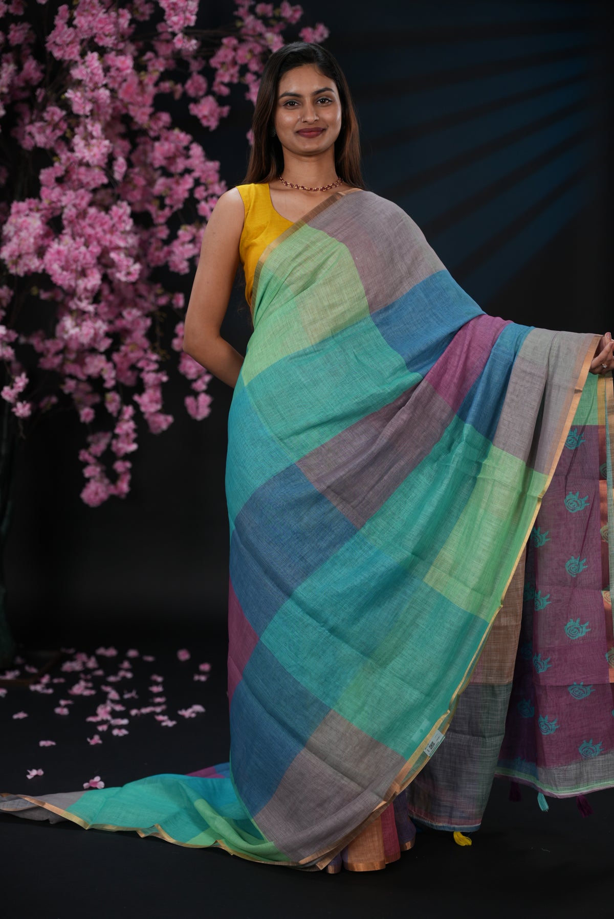 Cyan & Purple colour Semi linen saree, Multi check design body, bavanchi border, contrast colour blouse.