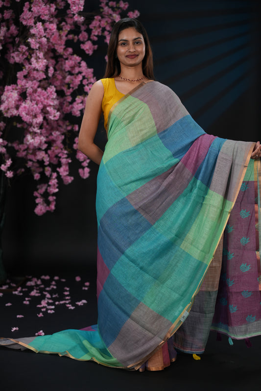 Cyan & Purple colour Semi linen saree, Multi check design body, bavanchi border, contrast colour blouse.
