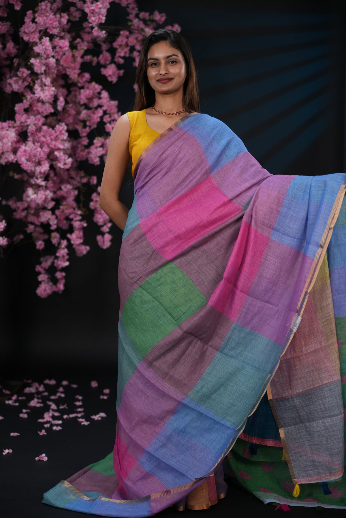 Green & Pink colour Semi linen saree, Multi check design body, bavanchi border, contrast colour blouse.