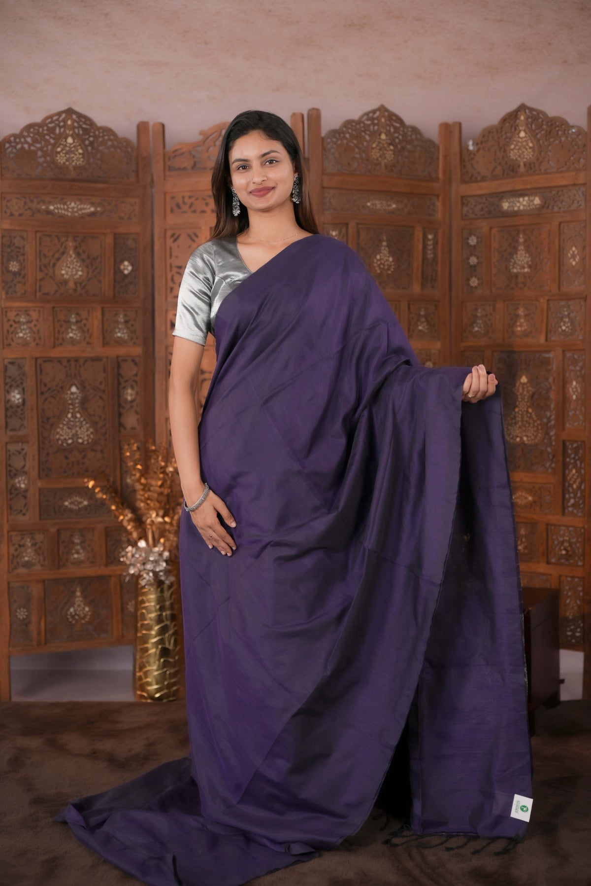 Purple Colour Soft Cotton Saree featuring a plain body, complemented by a striped pallu with tissue detailing, paired with a matching blouse piece.