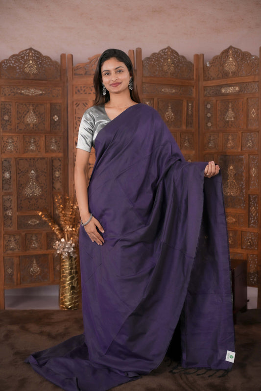 Purple Colour Soft Cotton Saree featuring a plain body, complemented by a striped pallu with tissue detailing, paired with a matching blouse piece.