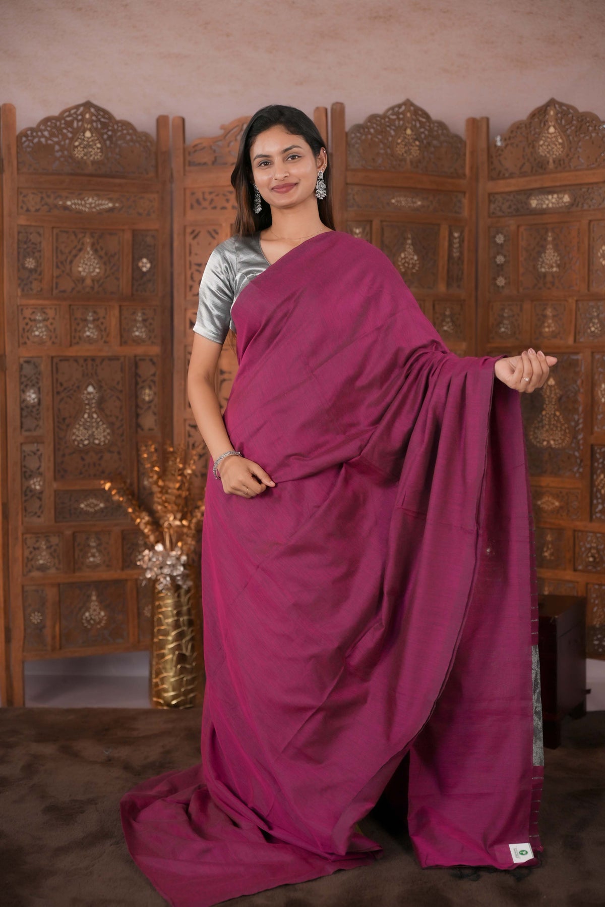Rose  Colour Soft Cotton Saree featuring a plain body, complemented by a striped pallu with tissue detailing, paired with a matching blouse piece.