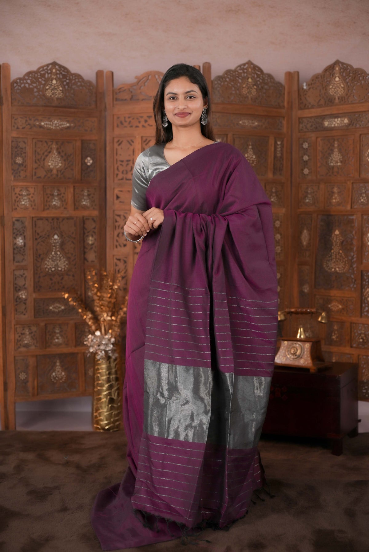 Wine Colour Soft Cotton Saree featuring a plain body, complemented by a striped pallu with tissue detailing, paired with a matching blouse piece.