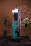 Sage Green colour Jam Satin salwar material, Plain body with mirror & thread work on neck portion, matching bottom and Dupatta with ajrak print.