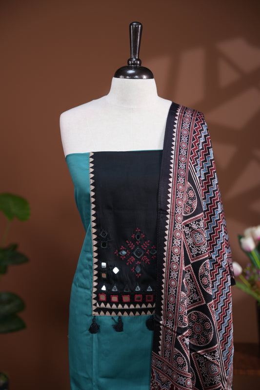 Sage Green colour Jam Satin salwar material, Plain body with mirror & thread work on neck portion, matching bottom and Dupatta with ajrak print.
