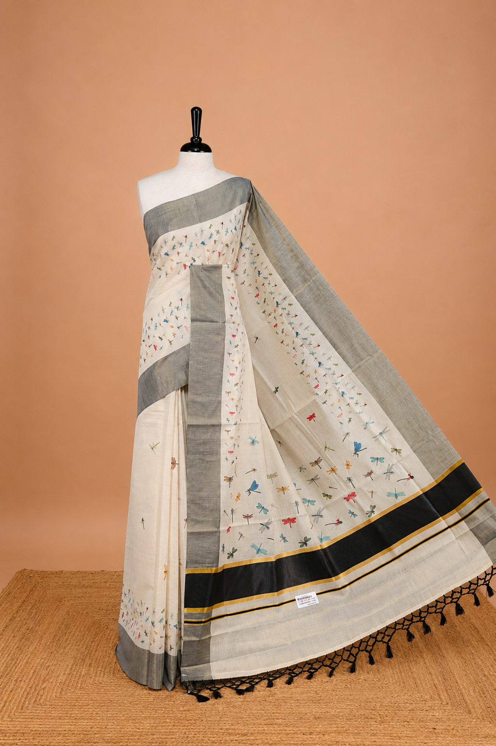 Cream Colour Kerala Saree Featuring  Plain Body ,Complemented By Black Zari With Dragonfly Printed   Border ,Enhance By A  Black With Gold Zari  Pallu ,Paired With A Matching Blouse Piece.