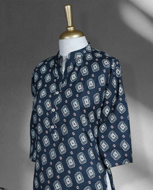 Pantone blue colour cord set featuring an all over white block print kurta with a mandarin collar and button placket, paired with matching printed palazzo.