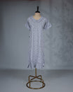 Light Grey floral printed nighty with a classic U-neckline, short sleeves, a delicate scalloped Peter Pan collar, and a relaxed midi-length for everyday comfort and charming style.