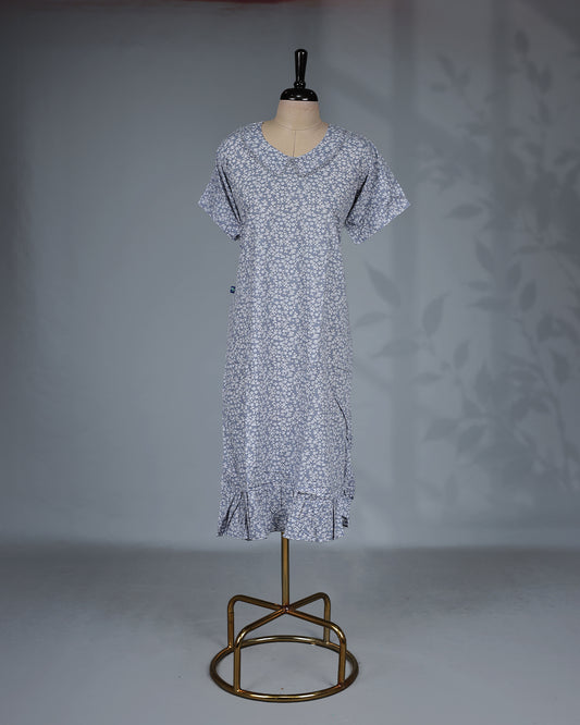 Light Grey floral printed nighty with a classic U-neckline, short sleeves, a delicate scalloped Peter Pan collar, and a relaxed midi-length for everyday comfort and charming style.