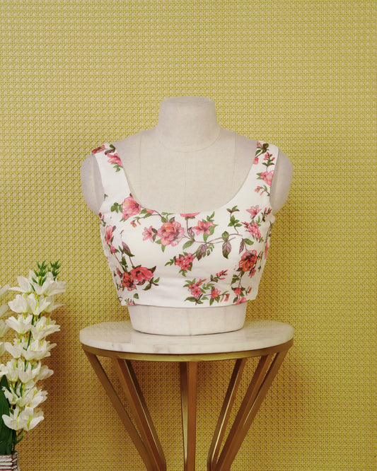 White Floral Print Sleeveless Blouse Featuring A Classic Scoop Neck, Elegant Floral Print, And A Comfortable Tailored Fit.