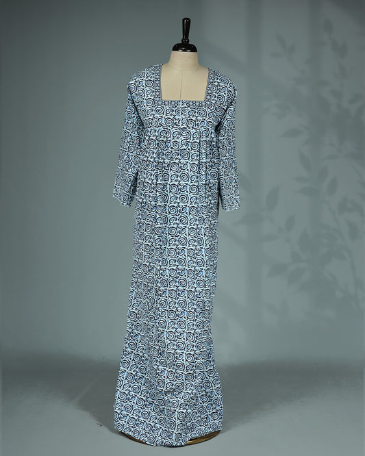 Blue and white printed nighty featuring  elegant square neckline with contrast printed border, three-quarter sleeves and a relaxed full-length fit for comfort.