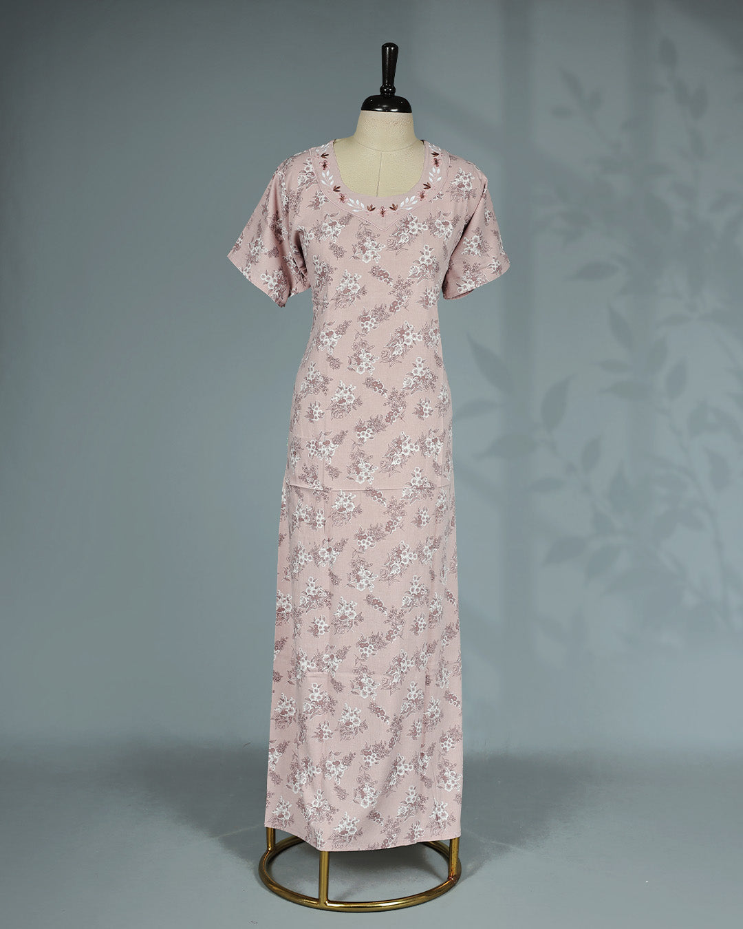 Dusty pink floral kodi  printed nighty with a classic U-shaped neckline, short sleeves, delicate floral embroidery along the neckline, and a relaxed full-length for everyday comfort and graceful style.
