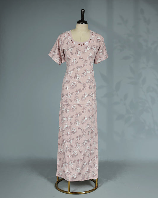 Dusty pink floral kodi  printed nighty with a classic U-shaped neckline, short sleeves, delicate floral embroidery along the neckline, and a relaxed full-length for everyday comfort and graceful style.