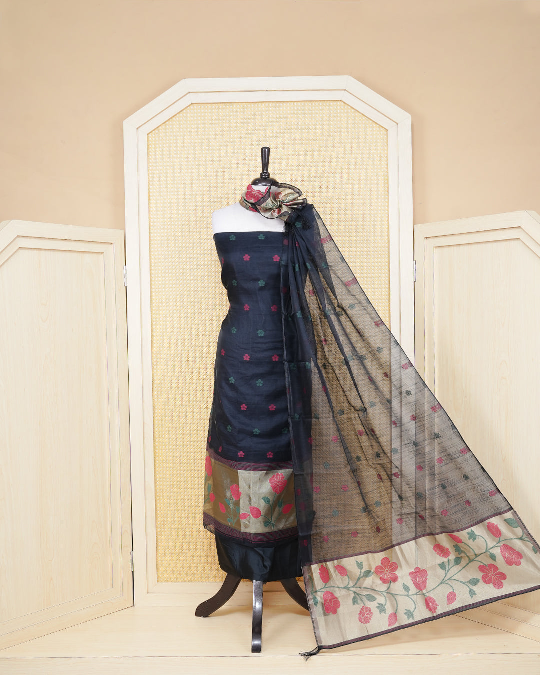 Black and Gold Colour Semi Linen Material Featuring Floral Thread Pattern Plain Body, Paired with Matching Bottom & Elegant Dupatta