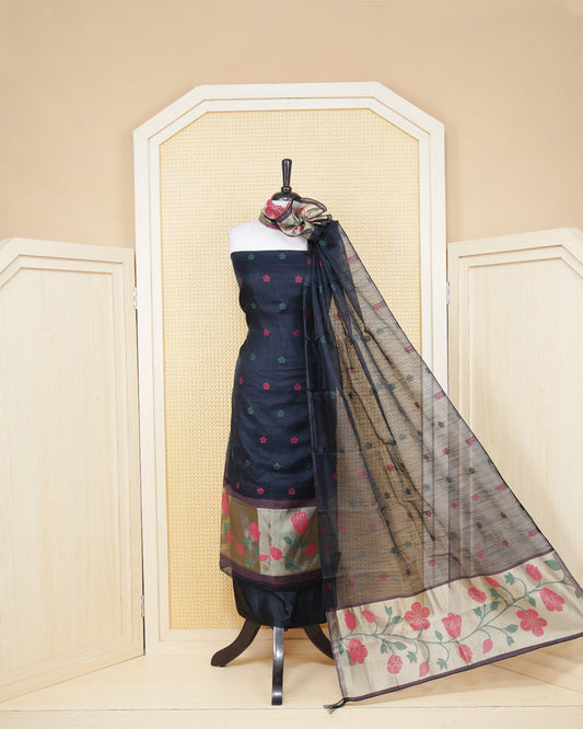 Black and Gold Colour Semi Linen Material Featuring Floral Thread Pattern Plain Body, Paired with Matching Bottom & Elegant Dupatta