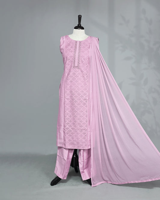 Pink colour Salwar set comes top with Beats & cutbeats on body, paired with matching bottom and dupatta.